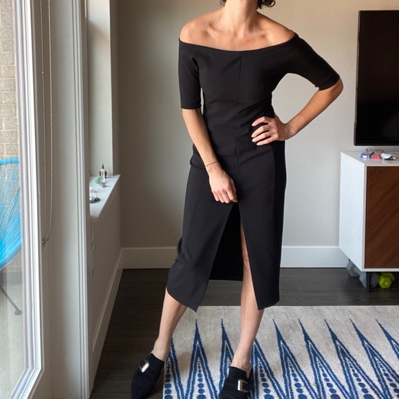 Zara Off Shoulder High-Front-Slit Black Dress - Picture 6 of 7